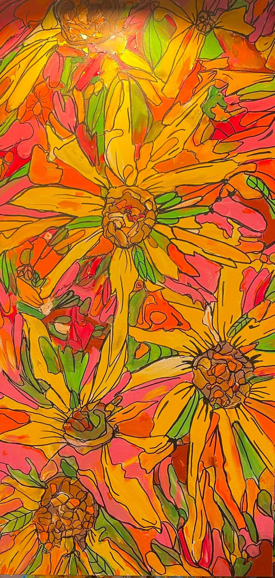 Close-up of yellow and orange coneflowers with textured centers